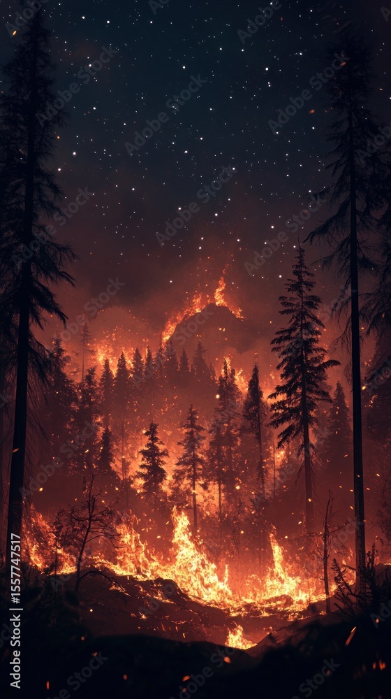 Forest fire at night with flames illuminating the darkness. A dramatic and powerful image for various concepts. Forest fire at night with flames illuminating the darkness. A dramatic and powerful image for various concepts.