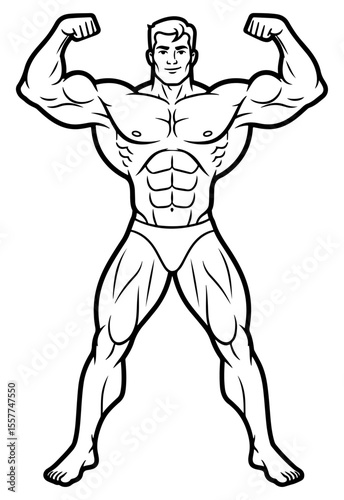 Cartoon Bodybuilder with Impressive Physique and Bold Outline Displaying Strength