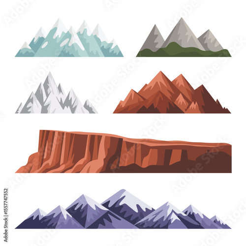 Collection of diverse mountain ranges and a mesa in a flat design style