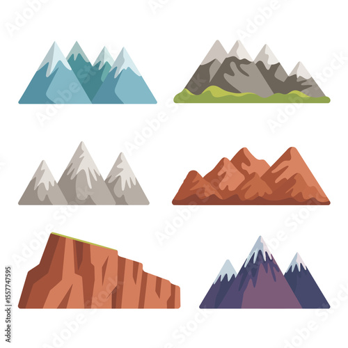 Collection of stylized mountain ranges in various colors and styles