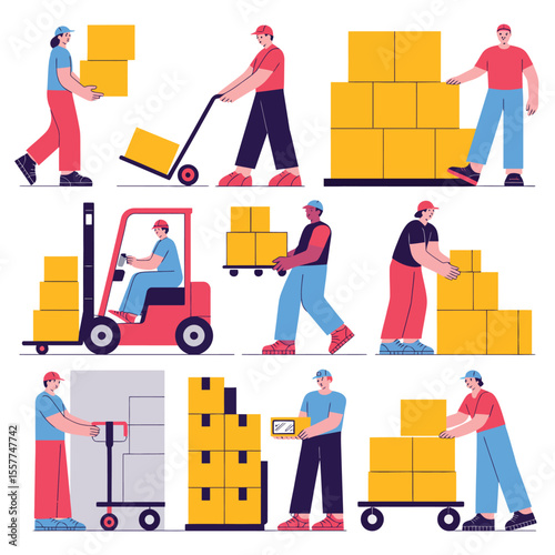 Warehouse workers and logistics team handling packages and boxes with forklift and trolley