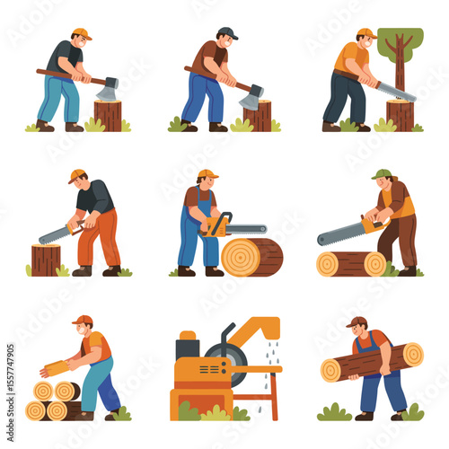 Lumberjack characters performing various woodcutting tasks with axes and chainsaws