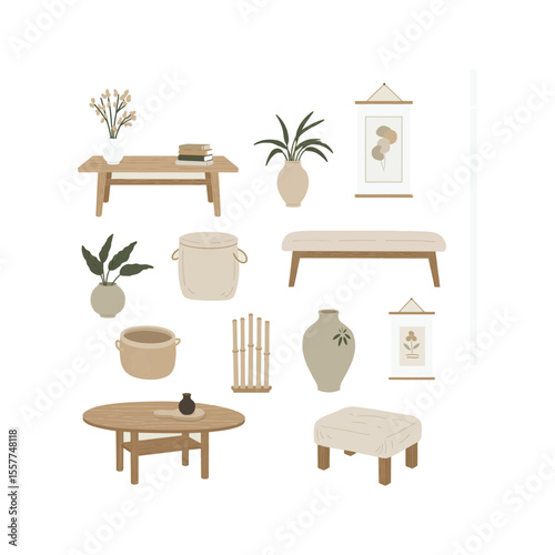 Modern minimalist living room furniture and decor elements neutral color palette