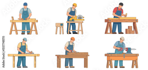 Carpenters working with wood using various tools and techniques on workbenches