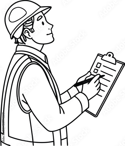 Construction Worker with Checklist – Line Art Vector Illustration