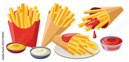Delicious french fries with ketchup and dipping sauces in various containers