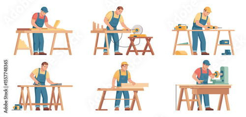 Carpenters working with wood using various tools and equipment on sawhorses