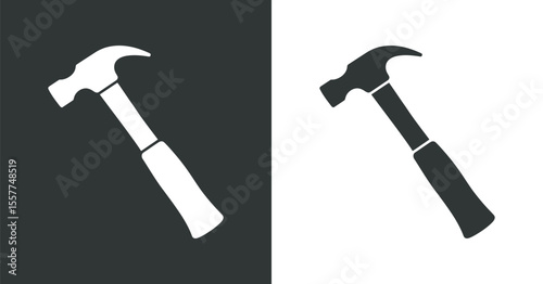 Two contrasting hammer icons in grayscale on a black and white background Simple symmetrical silhouettes light dark gray tones tool construction repair icon