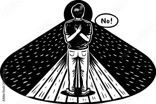 A black and white illustration of a person with hands crossed over chest saying no to something