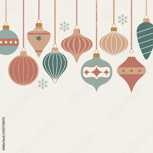 Retro christmas ornaments and snowflakes hanging on chains