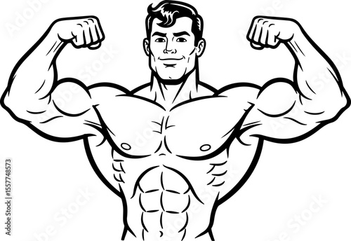 Muscular cartoon man flexing his impressive biceps in black and white drawing