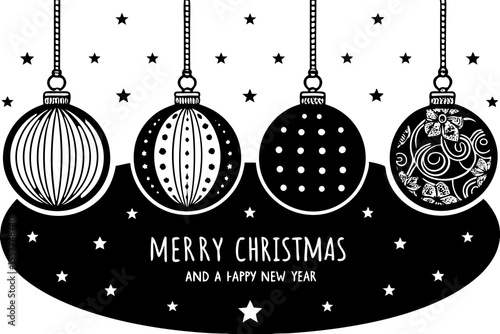 Festive christmas ornament decoration with four detailed baubles, stars, and merry christmas greeting for holiday season celebrations