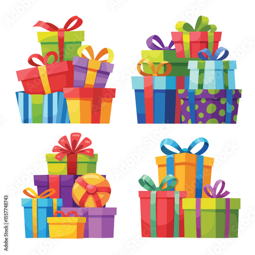 Collection of colorful gift boxes tied with ribbons and bows