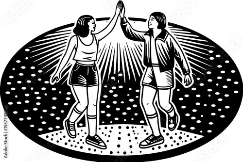 Two friends give high five celebrating victory in modern black and white illustration with bursting sun symbolizing triumph