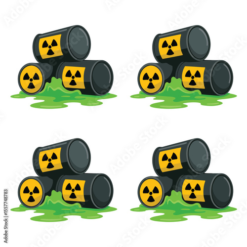 Leaking radioactive waste barrels with radiation symbol and green slime