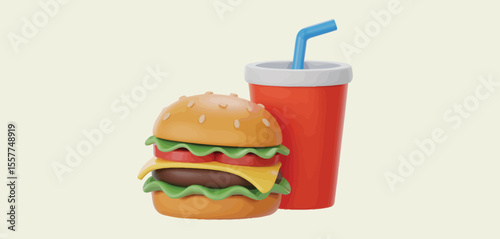 Stylized 3d render of a classic cheeseburger and a red soda cup with a blue straw