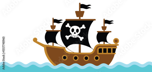 Cartoon pirate ship with jolly roger flag sailing on blue waves