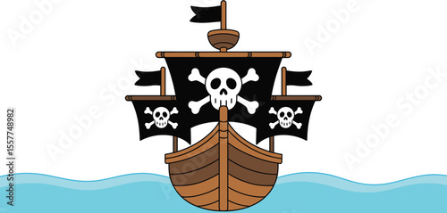 Cartoon pirate ship with jolly roger flags sailing on blue water
