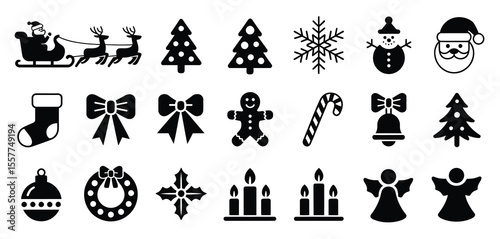 Collection of black christmas icons including santa claus reindeer sleigh snowman and trees