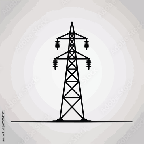 Black silhouette of a high voltage electricity pylon on a grey background