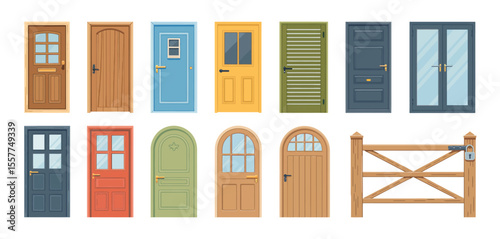 Collection of diverse exterior doors and a wooden gate with a lock