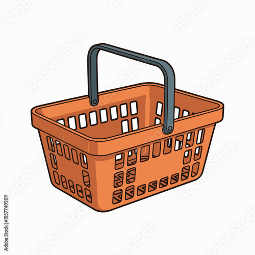 Orange plastic shopping basket with a grey handle on a white background