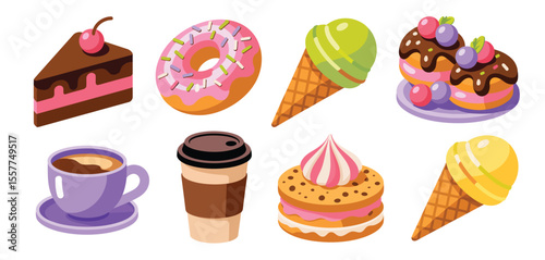 Collection of colorful sweet desserts and coffee cup isolated on white background