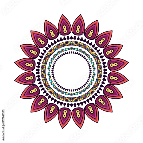 Circular Mandala Design: A vibrant and symmetrical mandala design with intricate detailing and a circular frame, perfect for adding a touch of ethnic flair to any project.