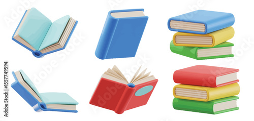 Collection of colorful 3d rendered books in various open and closed positions