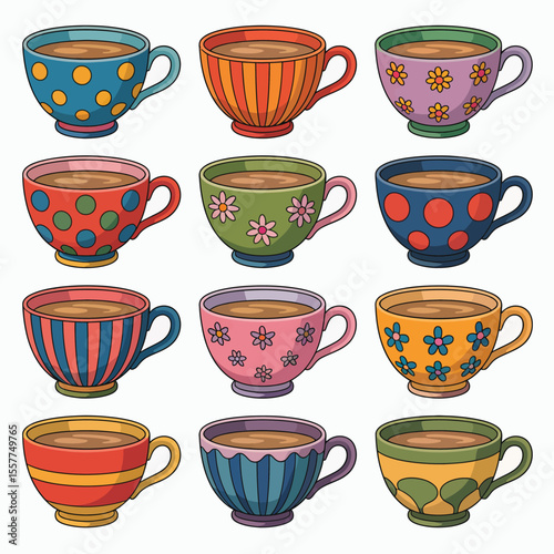 Collection of nine colorful ceramic coffee cups with various patterns and designs