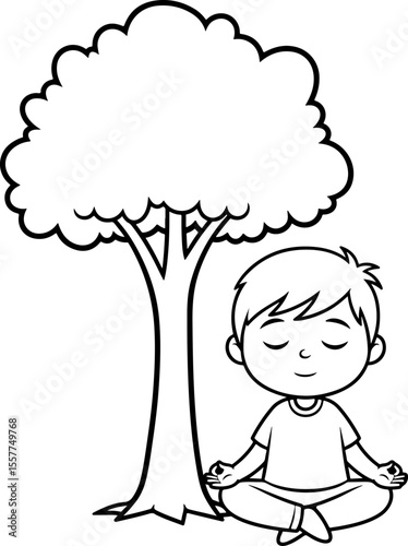Boy Meditating Under a Tree Coloring Page for Relaxation and Mindfulness