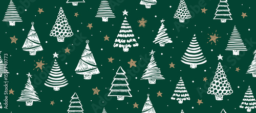 Christmas tree on green, hand drawn illustrations. Vector.	
