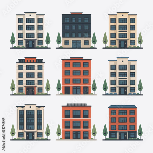 Collection of modern flat design apartment buildings with trees
