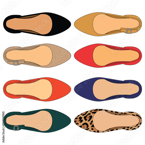 Collection of eight colorful flat shoes with different styles and patterns