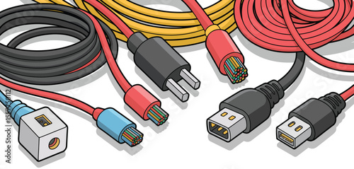 Collection of various electrical and data cables with exposed wires and connectors