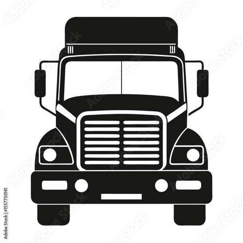 Black and white front view icon of a modern semi truck cab