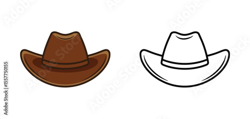 Brown cowboy hat and outline drawing side by side on white background