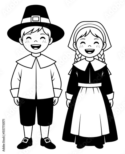 Cartoon Illustration of a Pilgrim Boy and Girl Ready for Thanksgiving