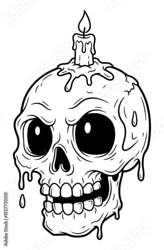 Spooky Melting Skull with Candle on Head, Halloween Horror Illustration