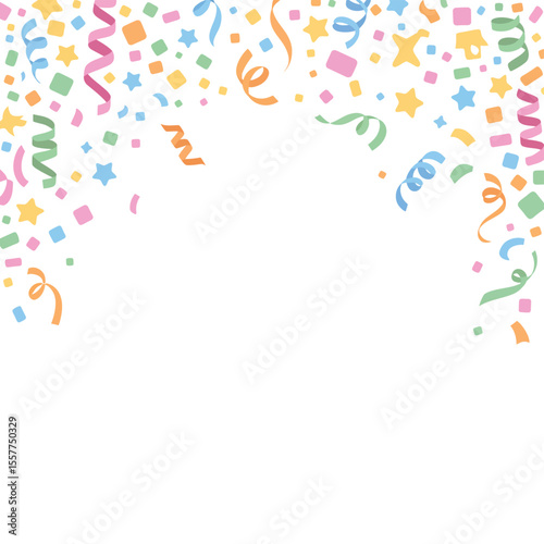 Festive confetti and streamers falling on white background celebration