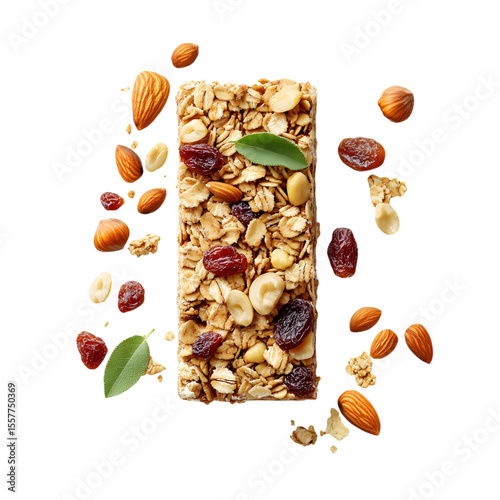 Delicious granola bar with almonds raisins hazelnuts and macadamia nuts isolated on transparent background