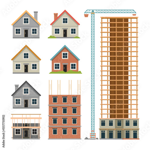 Collection of houses and apartment buildings under construction with a crane