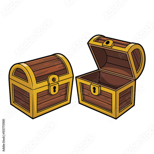 Two wooden treasure chests one closed and one open on a white background