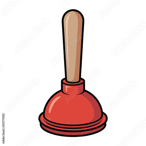 Red rubber plunger with wooden handle isolated on white background