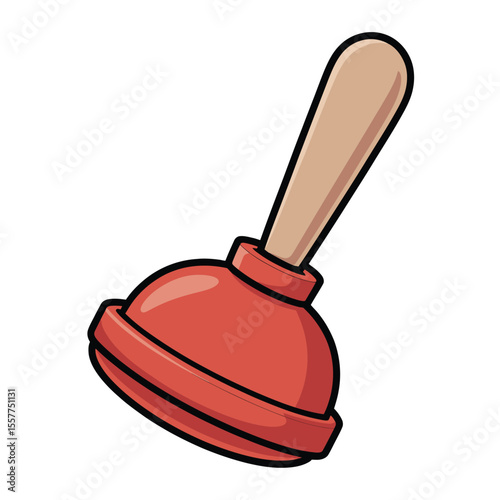 Cartoon illustration of a red plunger with a wooden handle on a white background