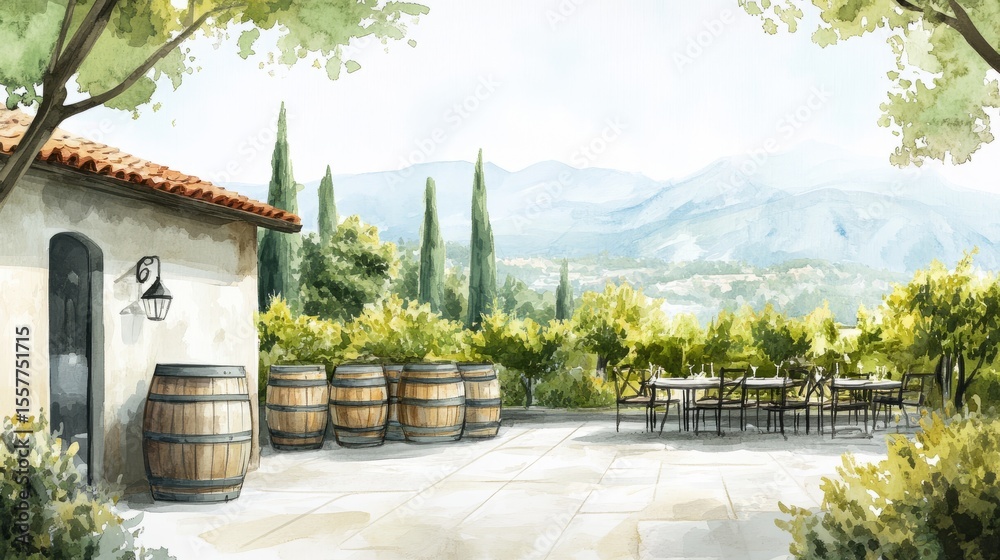 Fototapeta premium Wine tasting on a winery terrace overlooking vineyards. Sophisticated watercolor scene on a white background for tourism designs.