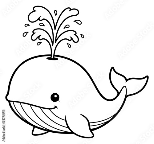 Cute Cartoon Whale Spouting Water, Black and White Line Art Illustration