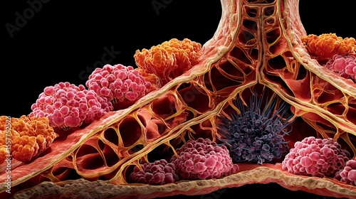 Medical depiction of esophageal cancer cells penetrating muscle wall accurate anatomy cross section inflammation tumor growth visible