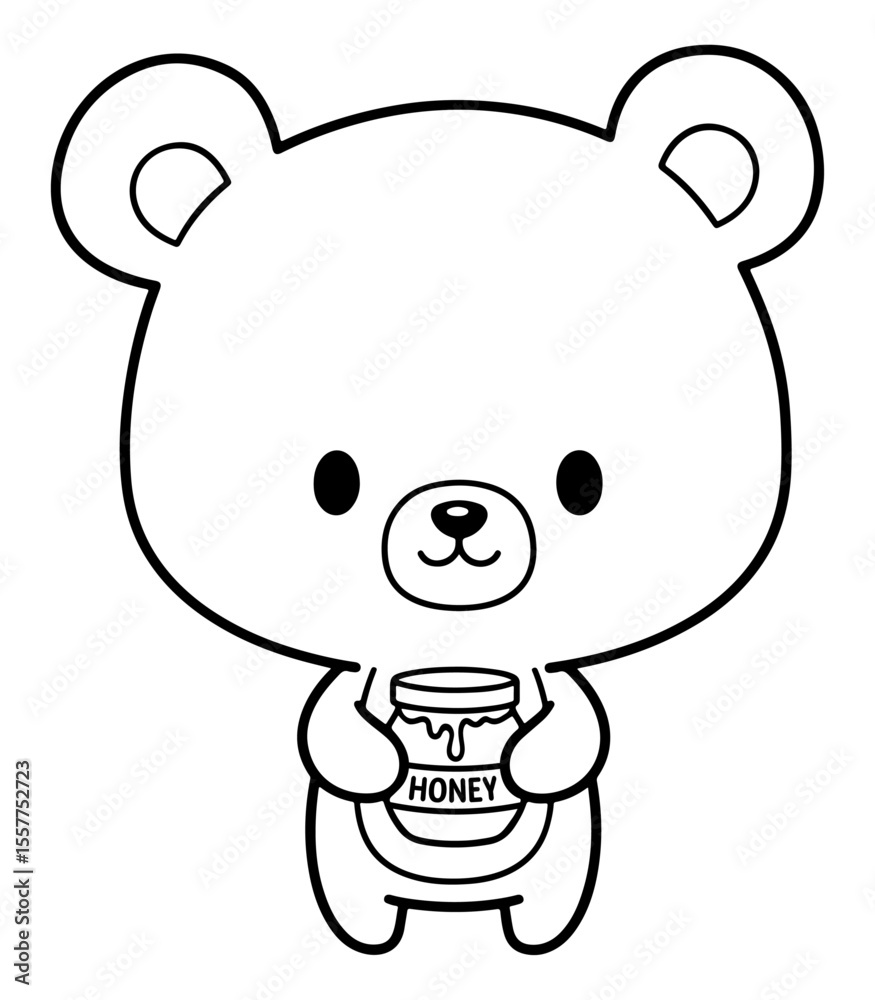 Obraz premium Cute outline bear holding a jar of honey, illustration for coloring