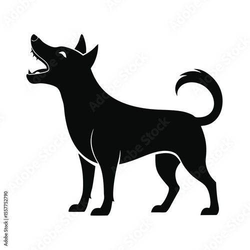 Stylized black silhouette of a dog barking with its mouth open on a white background